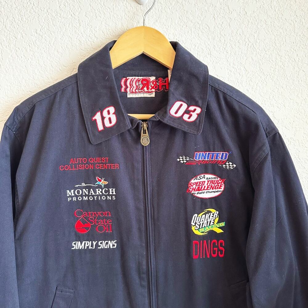 VTG Style Mens Racing Jacket With Embroidered Patches Small Retro Canvas Blue - Picture 2 of 8